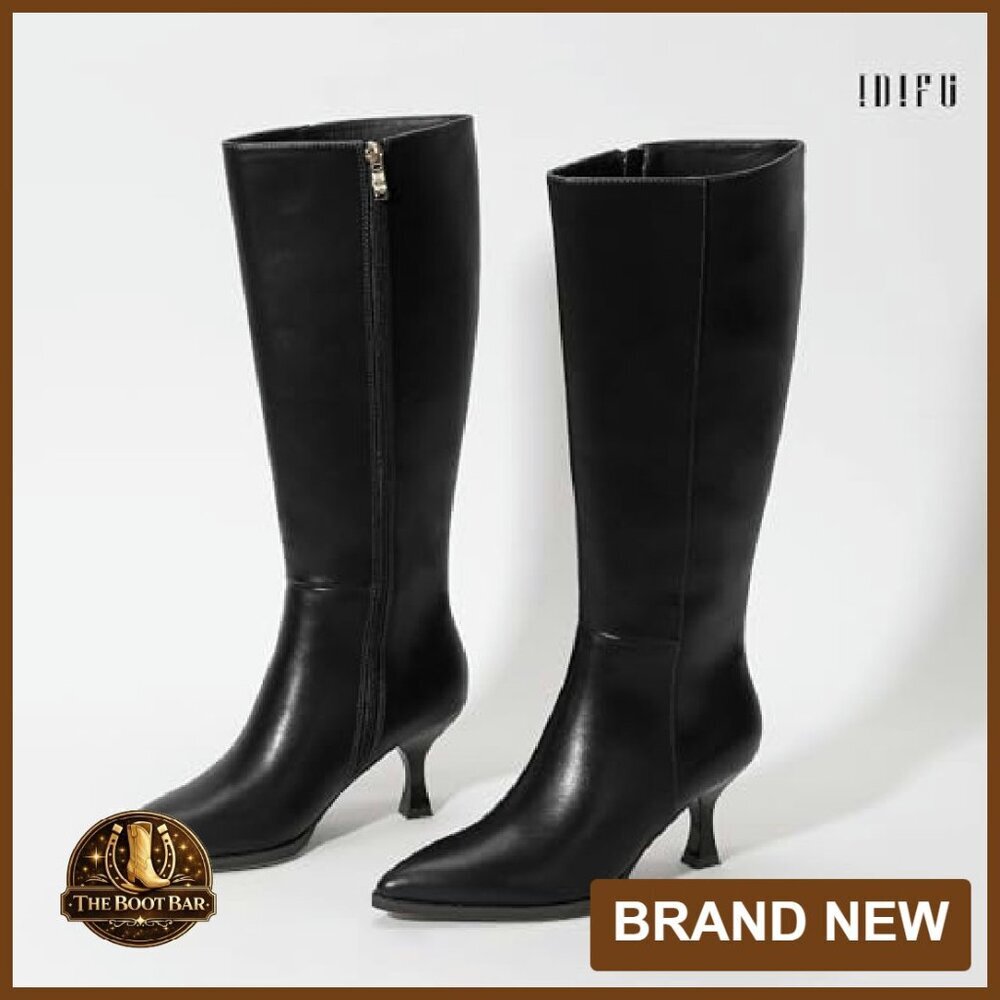 Knee High Boots Pointed Toe Kitten Heel Side Zipper Dress Boots - Picture 6 of 8